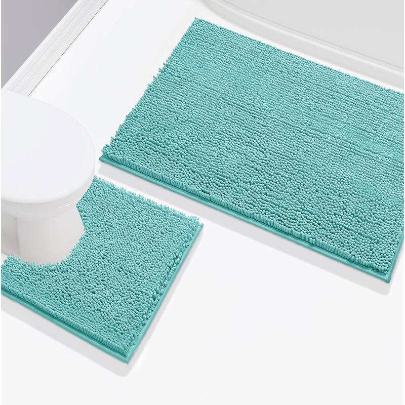 2 Piece Set Spa Blue Soft Cozy Plush Chenille Bath Mat Bathroom Rug - Spa Blue - 47"x27"+20"x20"U