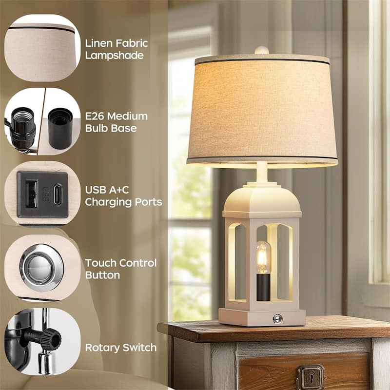 26" Table Lamp,Farmhouse Lamps Set of 2 with USB A+C and Nightlight