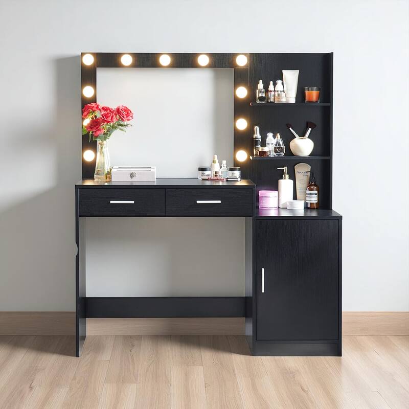 Makeup Vanity with Mirror and Lights, 46.4" Dressing Table with Storage Drawers, Shelves & 3 Light Modes - Black