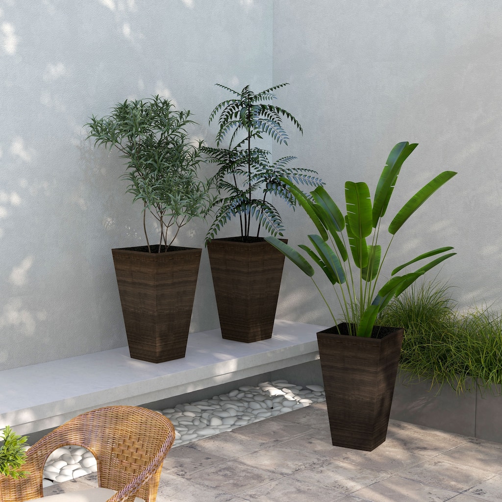 Set of 3 Wood Grain Outdoor Garden Planter Pots with Drainage Holes