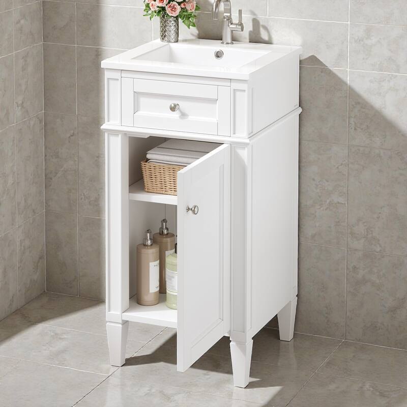 16 Inch Bathroom Vanity with Ceramic Sink, Freestanding Single Vanity, Soft Close Door, French Style Solid Wood Legs