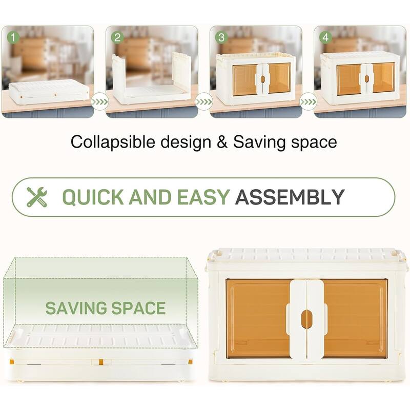 Stackable Plastic Storage Bins with Lids, 37QT Foldable with Doors and Wheels, Organizer Boxes for Living Room, Bedroom