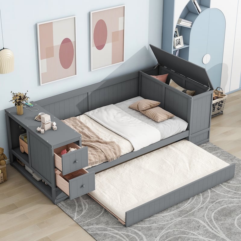 Roomfitters Twin Storage Daybed with Storage Arms, Pull-Out Trundle and Charging Station