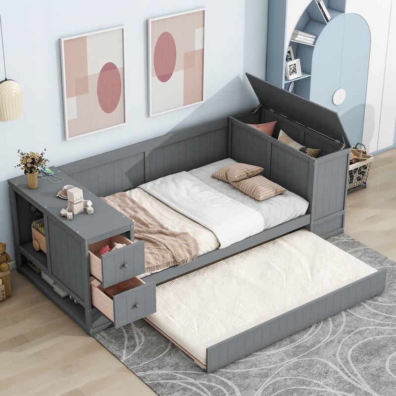 Twin Size Daybed with Storage, Trundle, and Charging Station in Gray