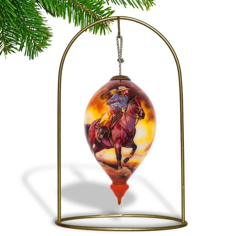 6" Brown Yellow Riding Horse Cowgirl Hand Painted Mouth Blown Glass Hanging Christmas Ornament