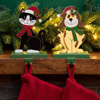 Glitzhome Christmas Wooden/Metal Animal Stocking Holder, Dog, Cat - 7.50"h