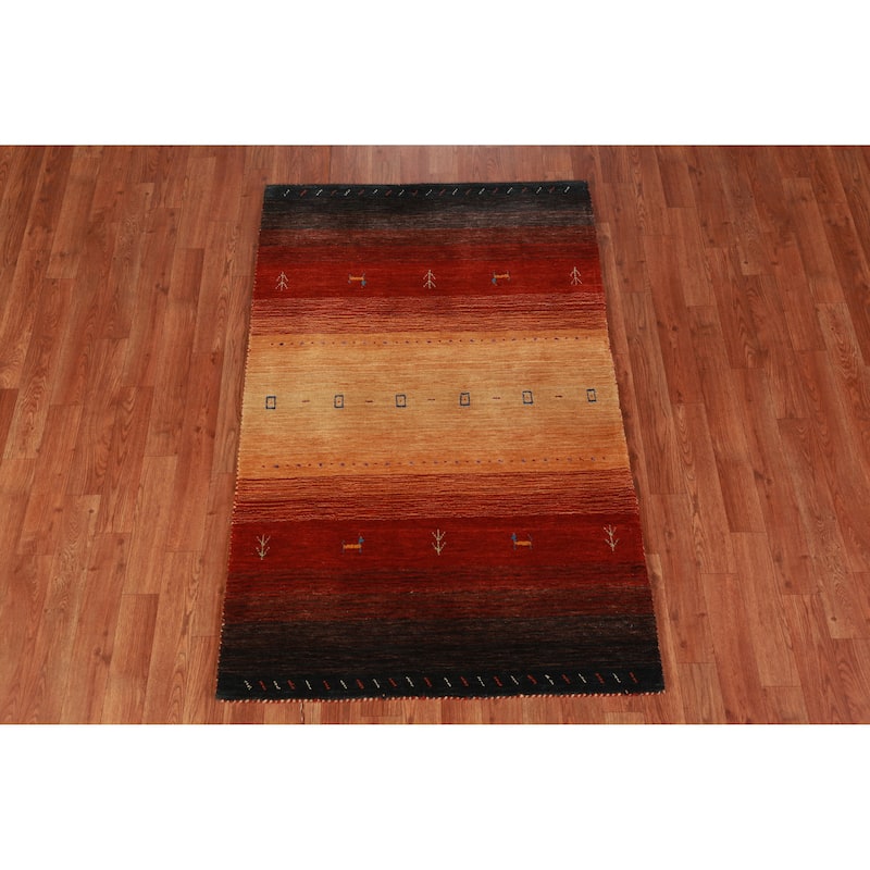 Hand Knotted Oriental 100% Wool Carpet Tribal Stripe Oranges & Rust Gabbeh Area Rug - 4' 10'' X 3' 1''