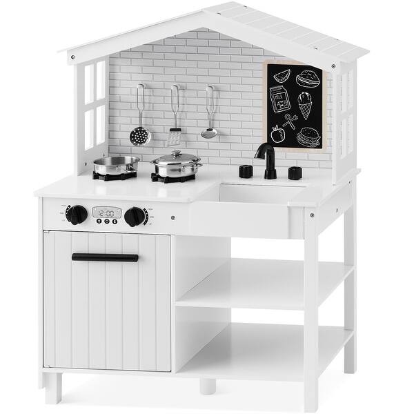 slide 2 of 6, Pretend Play Wooden Farmhouse Kitchen Set w/ Storage, 5 Accessories