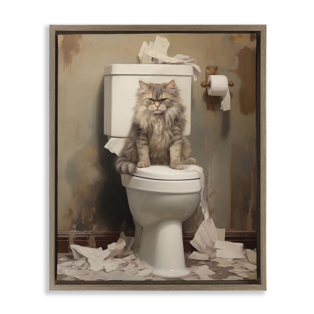 Stupell Cat & Torn Toilet Paper Framed Floater Canvas Wall Art Design By Arlington Prints