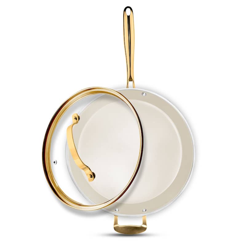 Gotham Steel Cream 14'' Nonstick Family Pan with Lid and Gold Handles