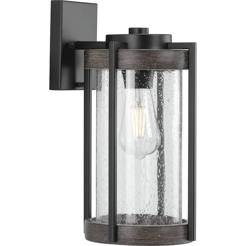 Whitmire Collection One-Light Matte Black with Aged Oak Accents Clear Seeded Glass Farmhouse Outdoor Wall Lantern Light