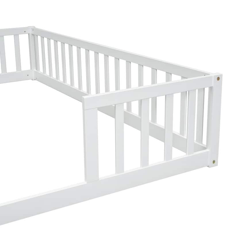 Twin Size Wood Double Floor Bed with Guardrails For Toddlers
