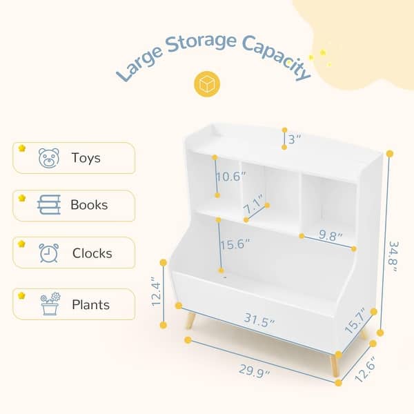 dimension image slide 1 of 2, Kids Bookshelf and Toy Storage, 3-Tier Wooden Open Bookcase, Baby Book and Toy Storage Display Organizer with Spacious Top Shelf