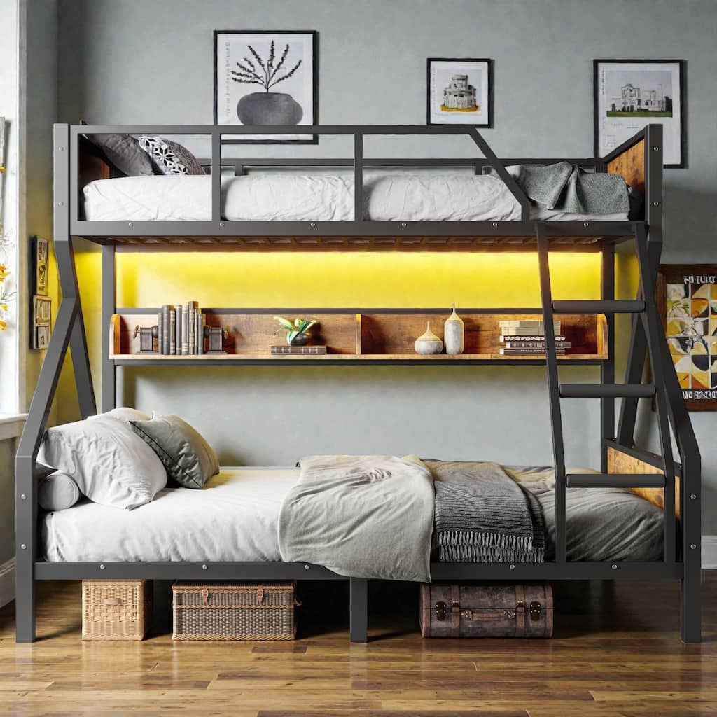 Space-Saving Metal Bunk Bed with Shelves, LED Strip Lighting, Guardrails and Woodgrain Panels, Multiple Size Options