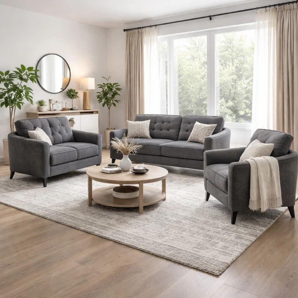 Mico 75 Inch Sofa, Loveseat and Chair Set with Throw Pillows, Dark Gray