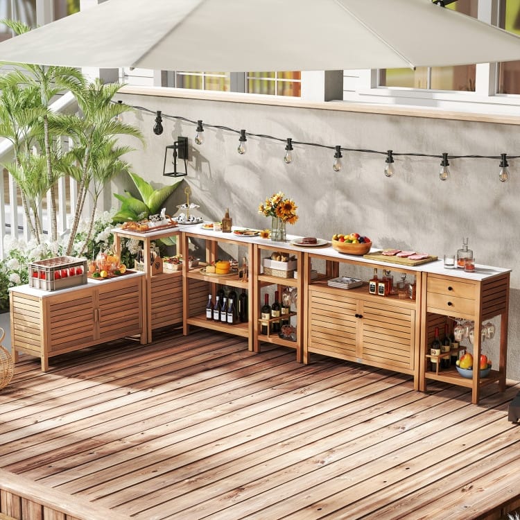 Natural Acacia Wood Resin Outdoor Buffet Cabinet with Faux Marble Top and Drawers - 20" x 16" x 36"
