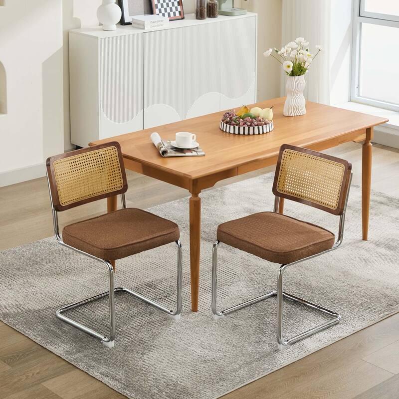 GDF Studio - Mid-Century Linen Dining Chairs with Natural Rattan Cane Back & Chrome Cantilever Base, Set of 2