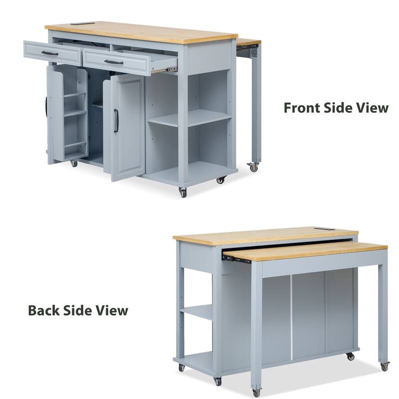 47" Kitchen Island with Extendable Table, Rubber Wood Veneer, Storage & Power