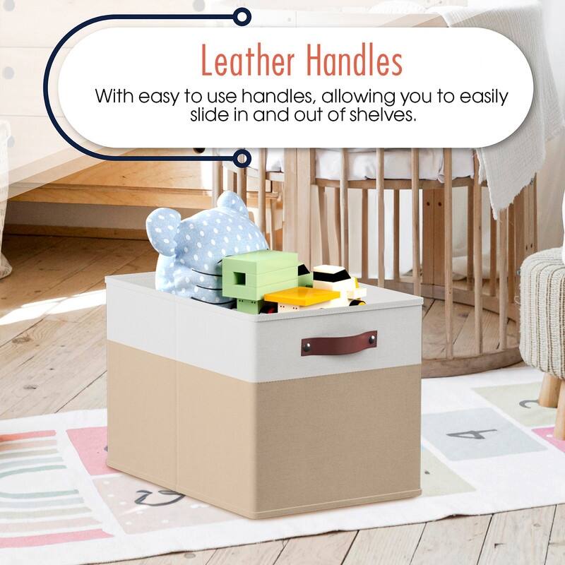 Foldable Collapsible Storage Box Bins Linen Fabric Shelf Basket Cube Organizer with Leather Handles - Set of 6