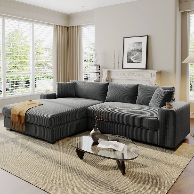 Roomfitters Large Sectional Sofa with Thick Cushions, Built-in Cup Holders and Charging Ports for Living Room