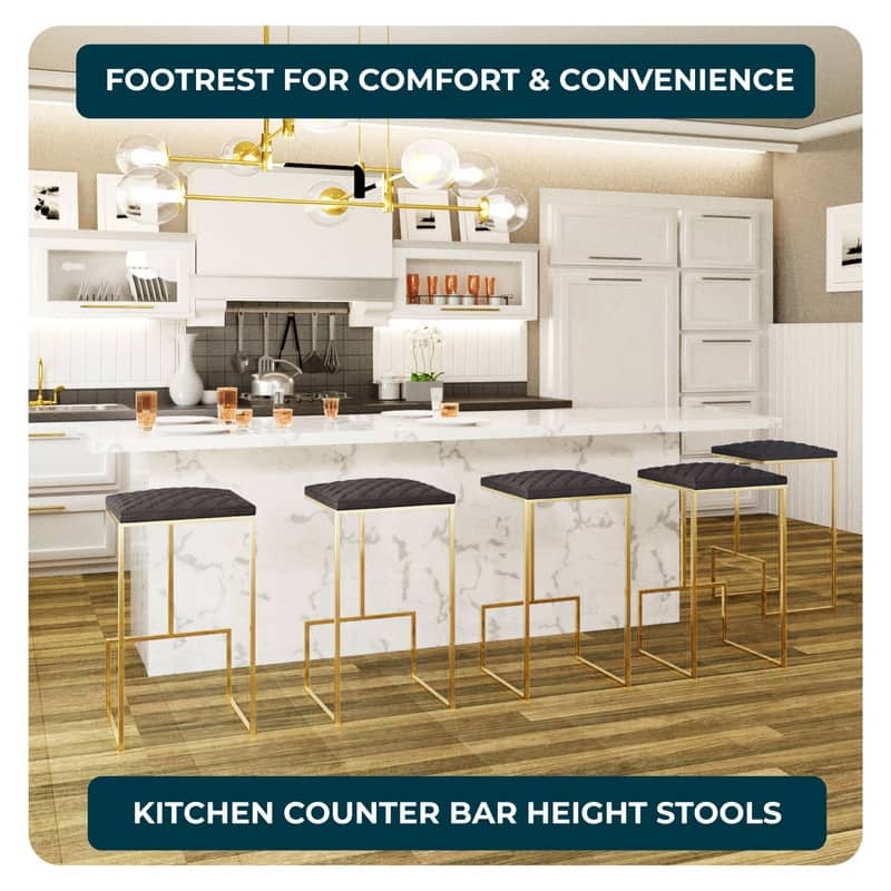 Quincy Modern Leather Barstool with Upholstered Square Seats in Gold Metal & Footrest for Home Bar & Kitchen Counter