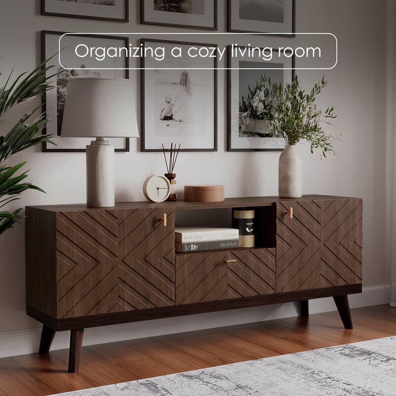 Living Skog Alba Beige TV Stand Console with Drawer Fits TV's up to 65 in. with Wood Legs Mid Century Modern Design