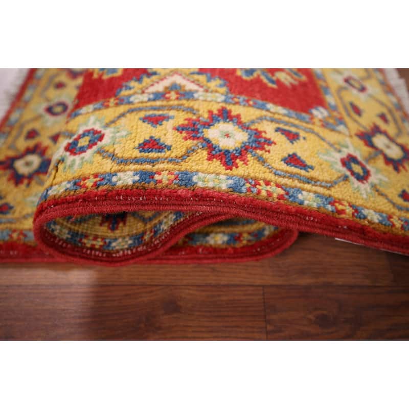 Geometric Red Kazak Oriental Accent Rug Hand-Knotted Wool Carpet - 2'0" x 3'0"