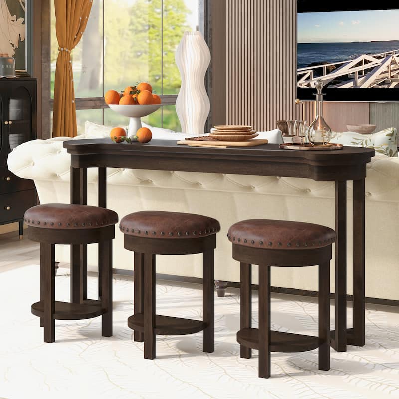 Espresso 4-Piece Wood Bar Table Set with 3 Stools, Vintage Bar Table Set Bistro Table Set with 3 Backless Stools - Espresso