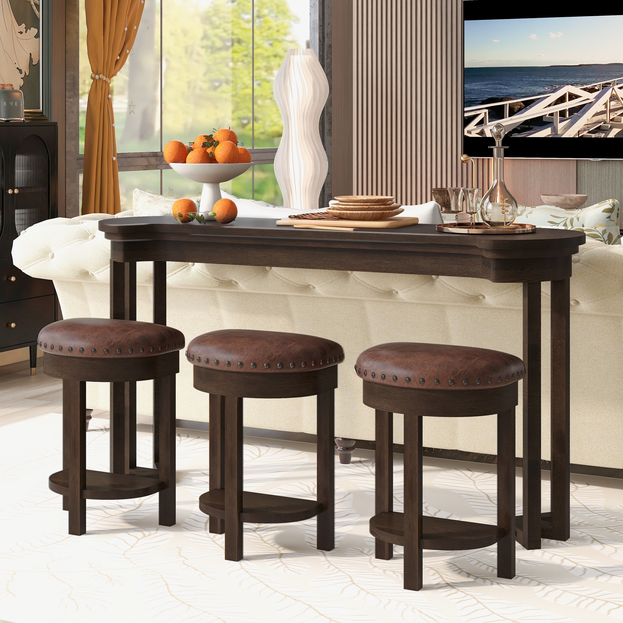 Modern 4-Piece Bar Dining Set with 3 PU Upholstered Bar Stools, Wood Counter Height Dining Table Set for Dining Room