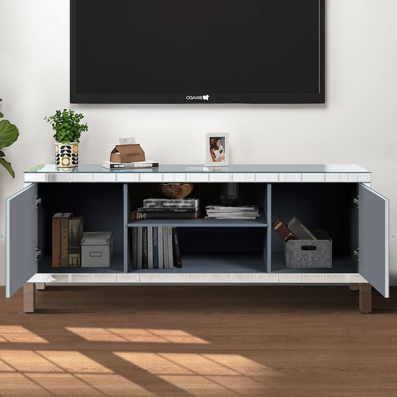 Media TV Stand, Console Table with M Shaped Sparkling Mirrored Doors, Entertainment Center with 2 Cabinets & Open Shelves