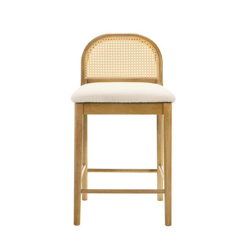 Lucio Modern Farmhouse Wood Counter Height Kitchen Bar Stool with White Boucle Fabric Upholstered Seat