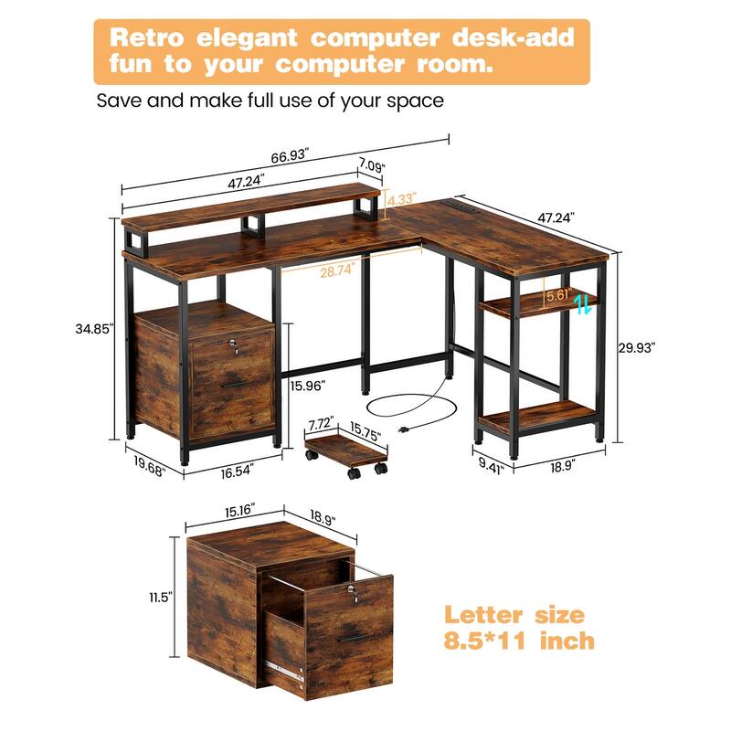 67" L Shaped Gaming Desk with Power Outlets and 2 Monitor Stands