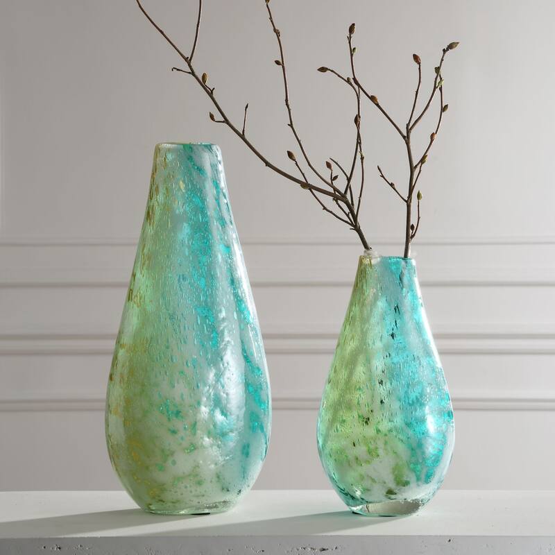 Hand Blown Bubble Tabletop Glass Vases - 14" - Multicolor - Set of 2