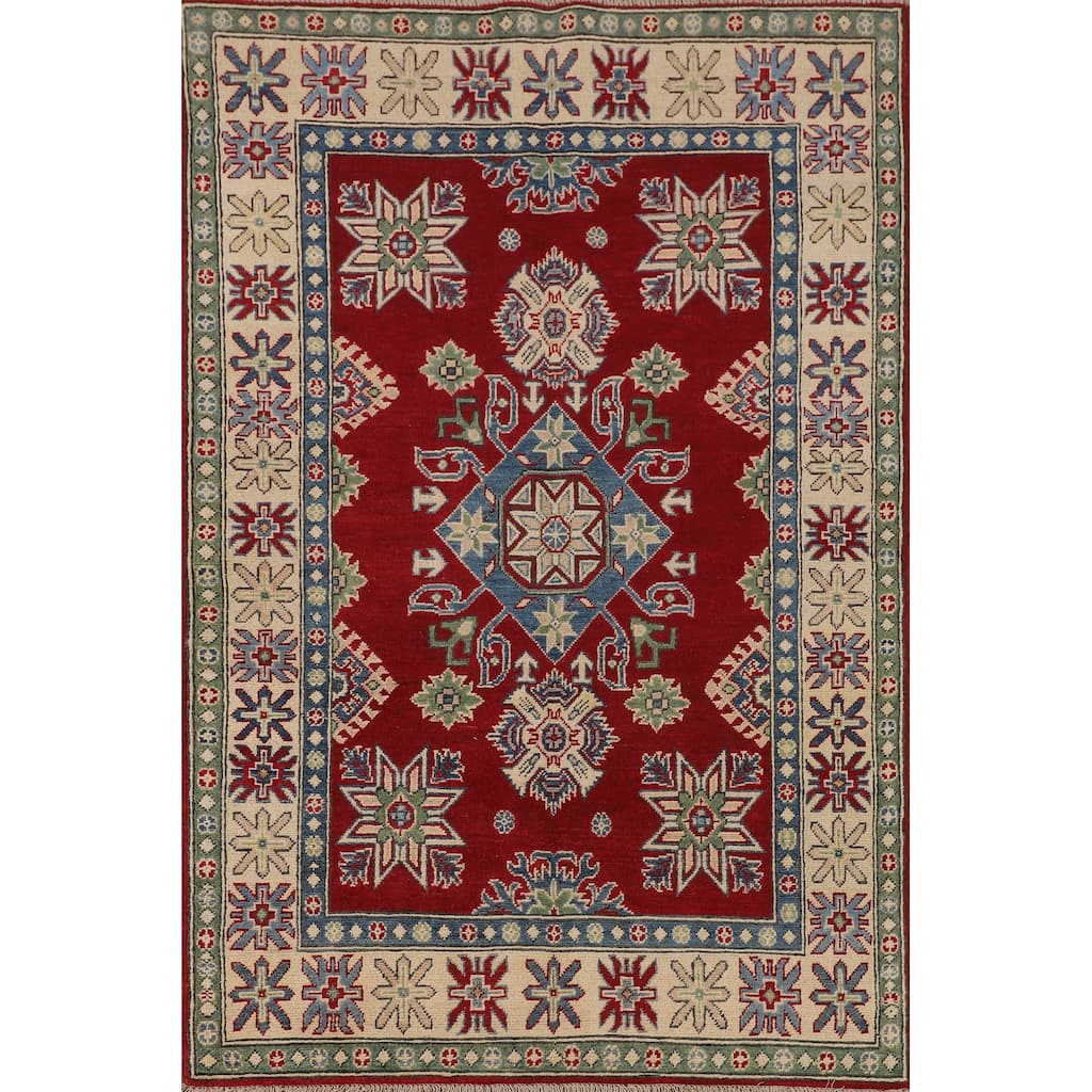 Kazak Oriental Area Rug Handmade Geometric Red Wool Carpet - 3'10" x 6'0"