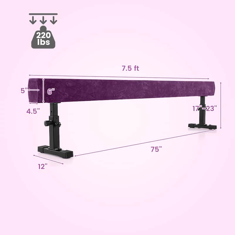 7.5 Feet Adjustable Gymnastics Balance Beam with Suede Surface and EVA Foam for Kids and Teens - 90" x 12" x 17"-23"