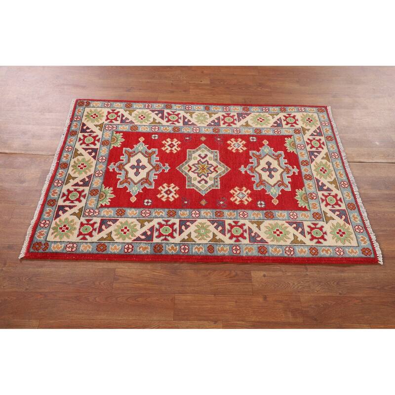 Red Kazak Accent Rug Hand-Knotted Geometric Wool Carpet - 2'8" x 3'10"