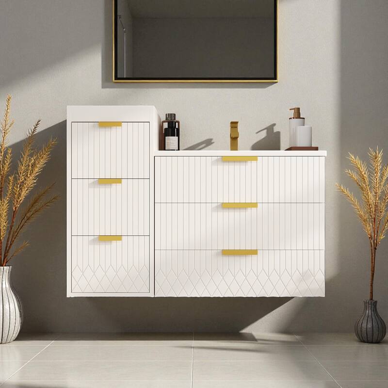 24" Wall Mounted Floating Bathroom Vanity with Side Cabinet, Modern Rectangular Sink with Overflow and Single Faucet Hole - White