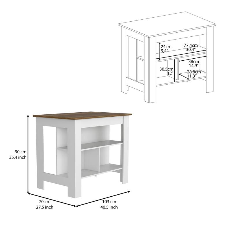 Kitchen Island Dozza, Three Shelves, White / Walnut Finish,High quality and durable
