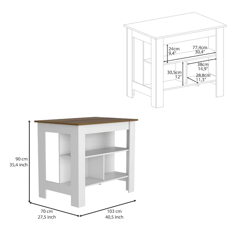 Modern Kitchen Island, 3 Storage Shelves, Spacious Top Surface, White & Walnut Finish, 35.4" Height