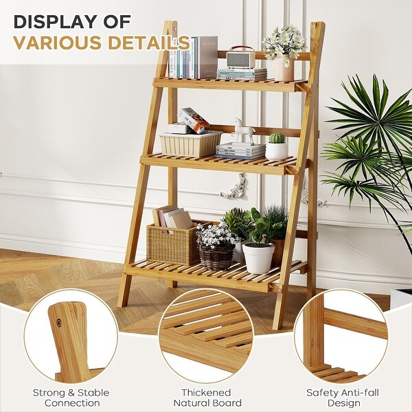 Foldable Bamboo Ladder Shelf, 3 Tier, 23.6 x 15 x 39.4 Inches