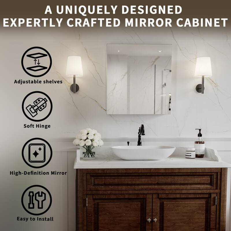 Modland Single Door Bathroom Medicine Cabinet with Mirror Adjustable Shelves,Recessed or Surface Mount
