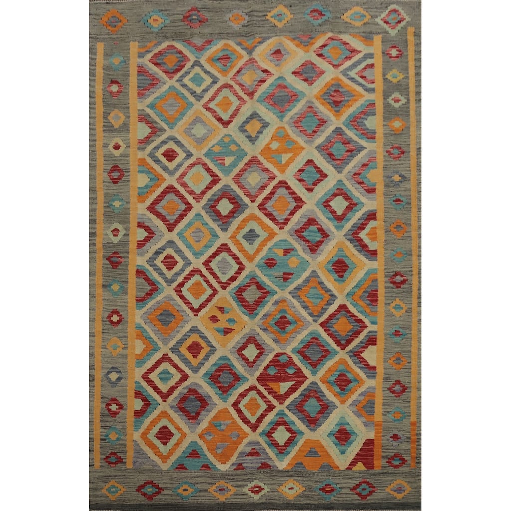 Hand Woven Oriental 100% Wool Carpet Southwestern Tribal Multi-Colored Kilim Area Rug - 6' 7'' X 5' 0''