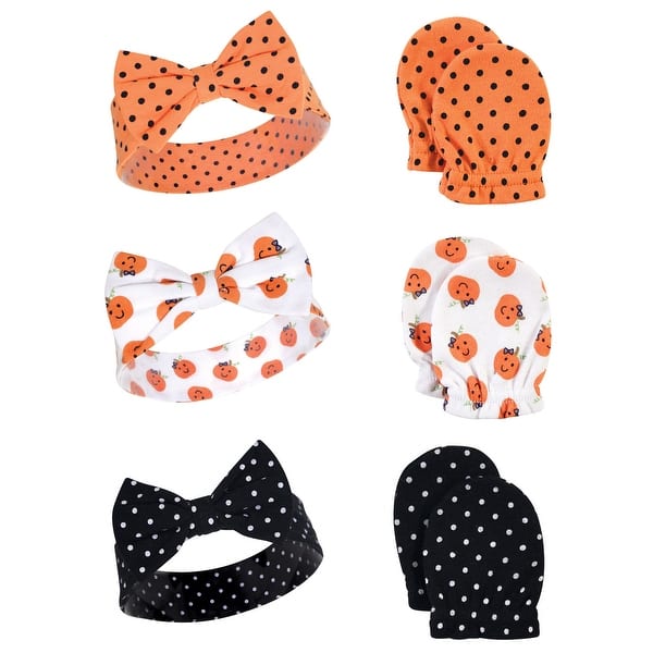 slide 1 of 1, Hudson Baby Infant Girl Cotton Headband and Scratch Mitten 6pc Set, Halloween Dots, 0-6 Months - Halloween Dots Halloween Dots - 0-6 Months