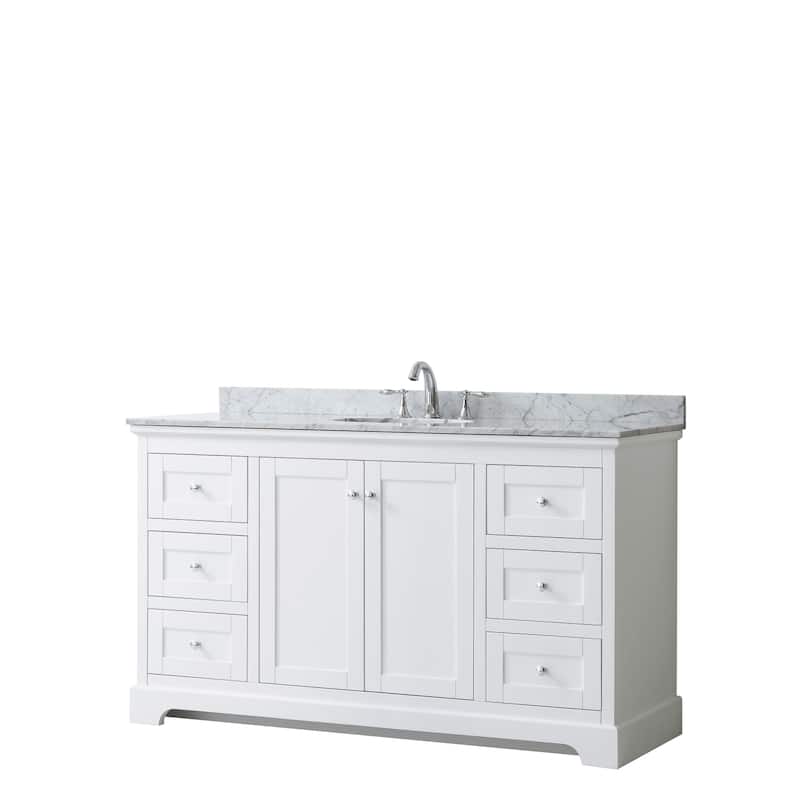 Avery 60-inch Single Vanity, Marble Top, Oval Sink, No Mirror - White, Chrome Trim, White Carrara Marble Top