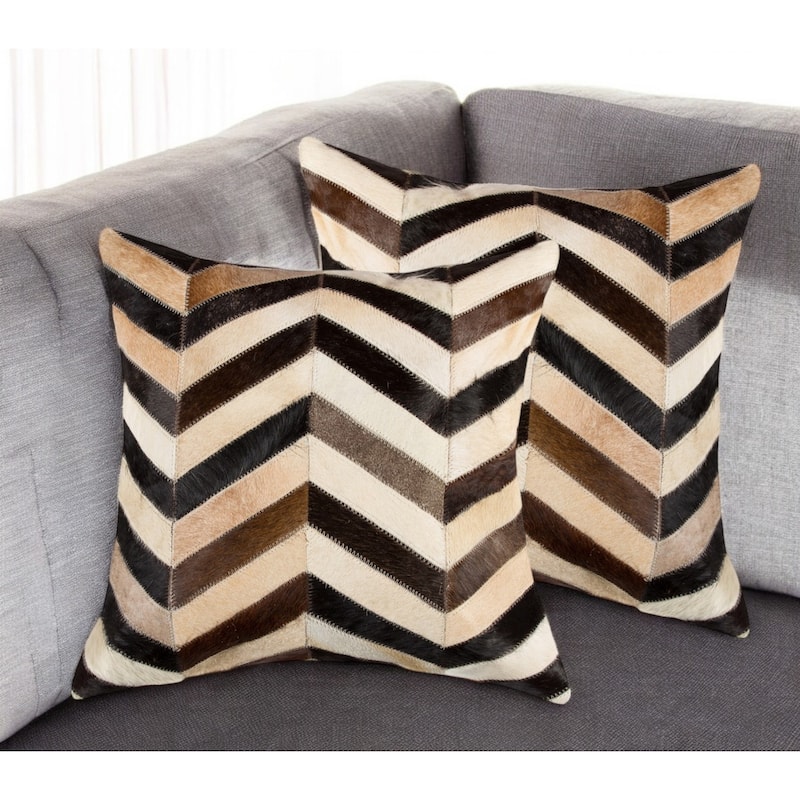 Set of Two 18" Black Brown and Beige Chevron Cowhide Throw Pillows - Beige/Brown/Black