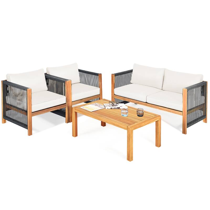 Costway 4PCS Wooden Patio Furniture Set Cushioned Sofa W/Rope Armrest - 4-Piece Sets