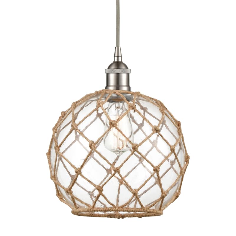Innovations Lighting 616-1P-13-10 Farmhouse Pendant Farmhouse 10" Wide - Brushed Satin Nickel / Clear Glass with Brown Rope