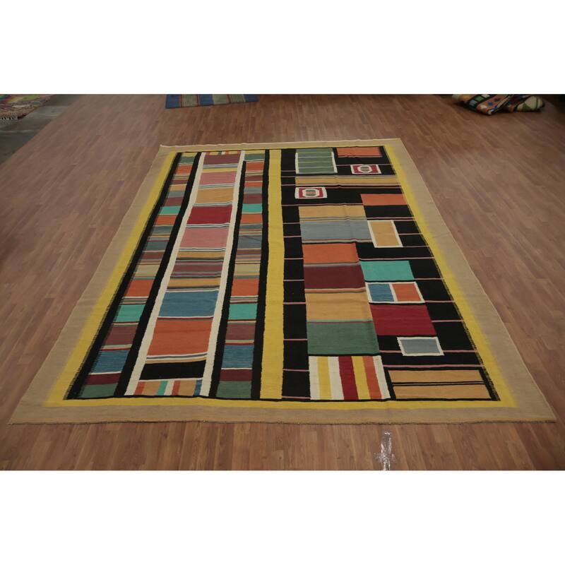 Hand Woven Oriental 100% Wool Carpet Southwestern Modern Multi-Colored Kilim Area Rug - 13' 4'' X 9' 3''
