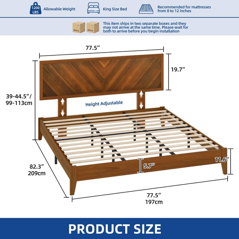 Moasis Farmhouse Rustic Brown Wood Bed Frame with Adjustable Headboard&Slats Support - King