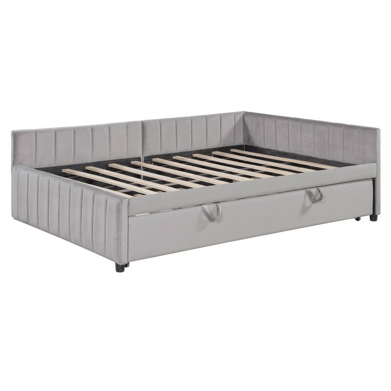 2-in-1 Daybed with Pop Up Trundle Bed, L-Shaped Upholstered Daybed Convertible Platform Bed, Vertical Stripes Frame Sofa Bed